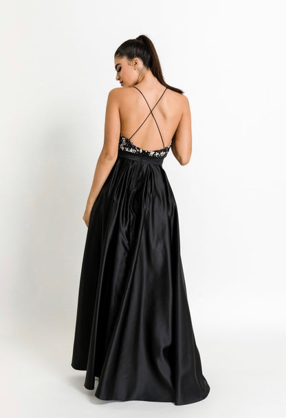 Long Satin Dress with lace and hems on the corset with open back-5