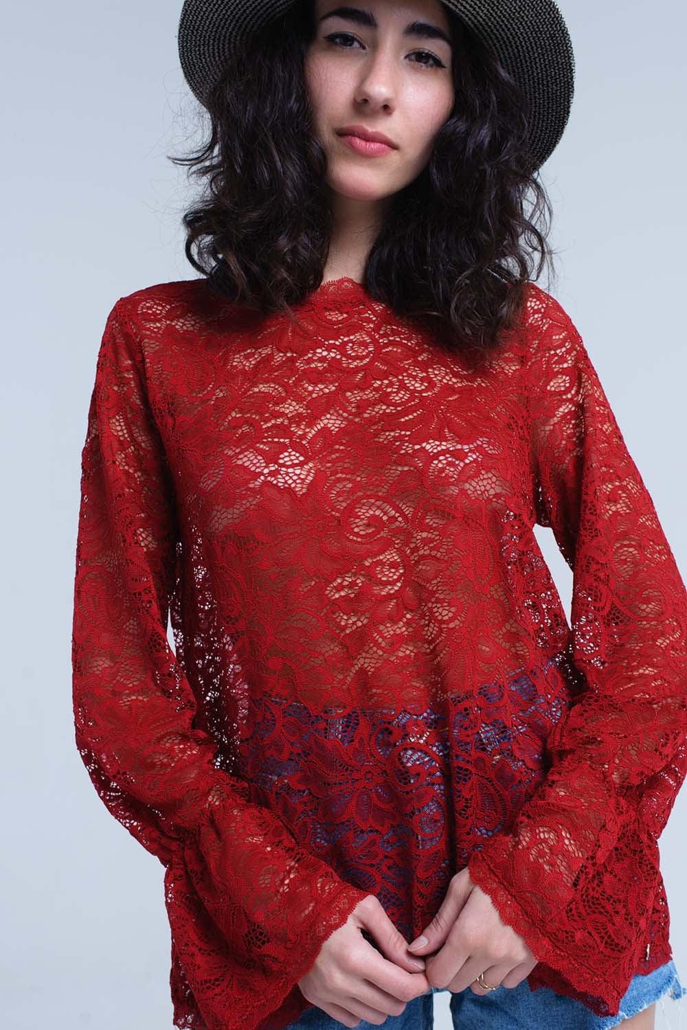 Burgundy Sheer Lace Top With Bell Sleeves-5