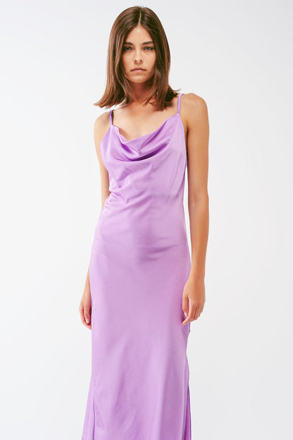 Satin Midi Dress With Cowl Neck in Lilac