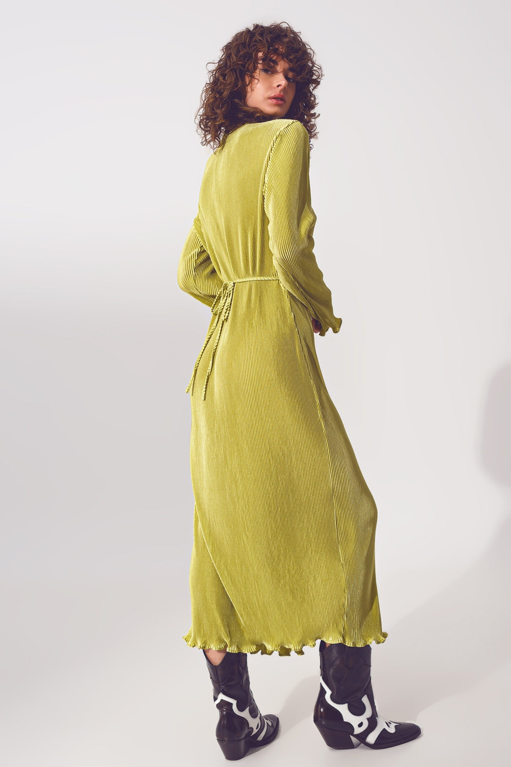 Satin Wrap Detail Pleated Dress in Green-3