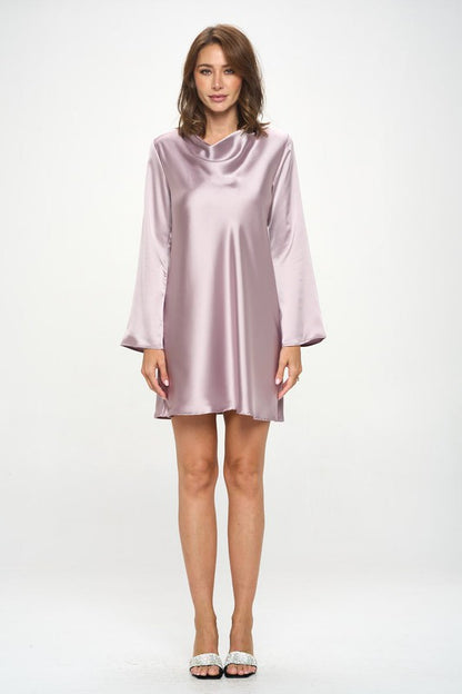 Satin Cowl Neck Long Sleeve Dress-1