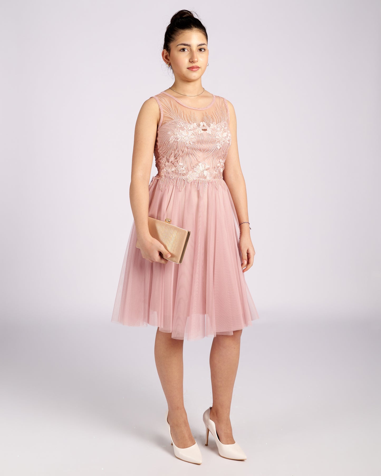 Mia Pink Tulle and Lace knee length Dress  " φορέματα βραδινά "-5