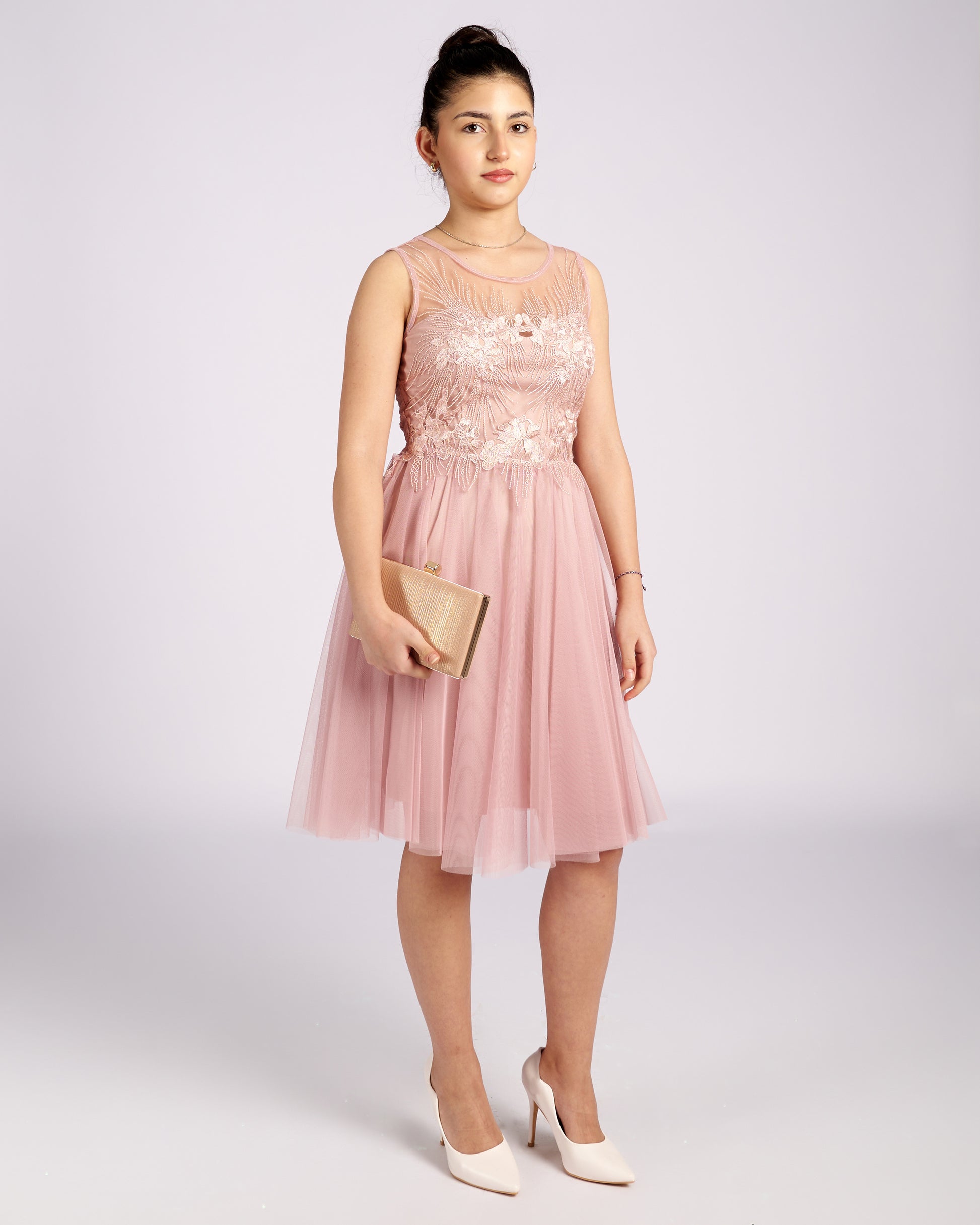 Mia Pink Tulle and Lace knee length Dress  " φορέματα βραδινά "-5
