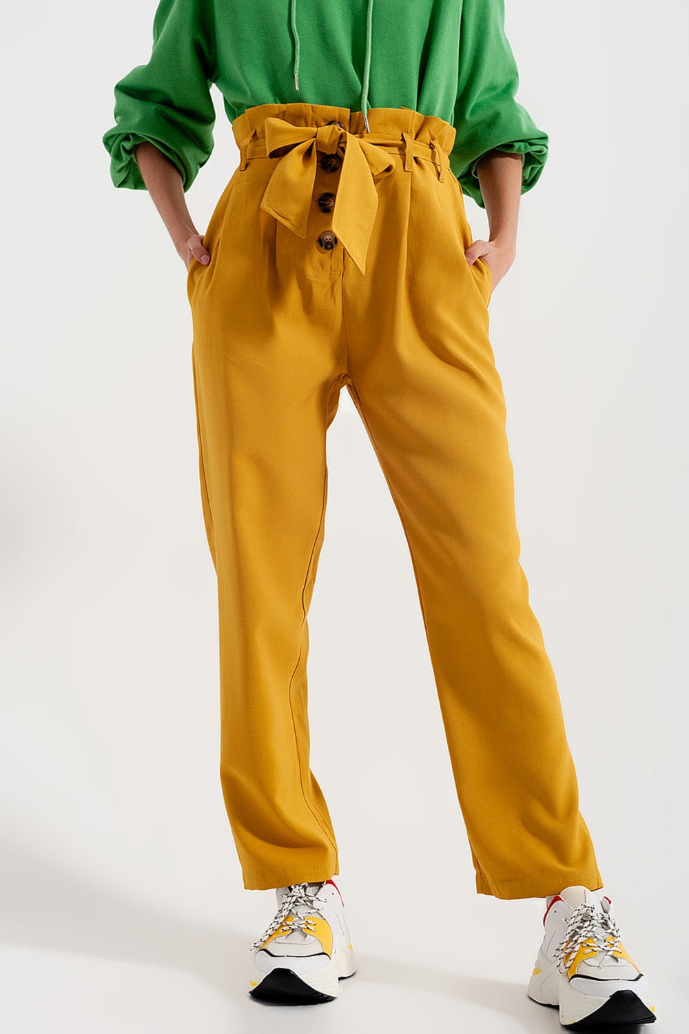 High Waist Belted Trousers in Yellow-3