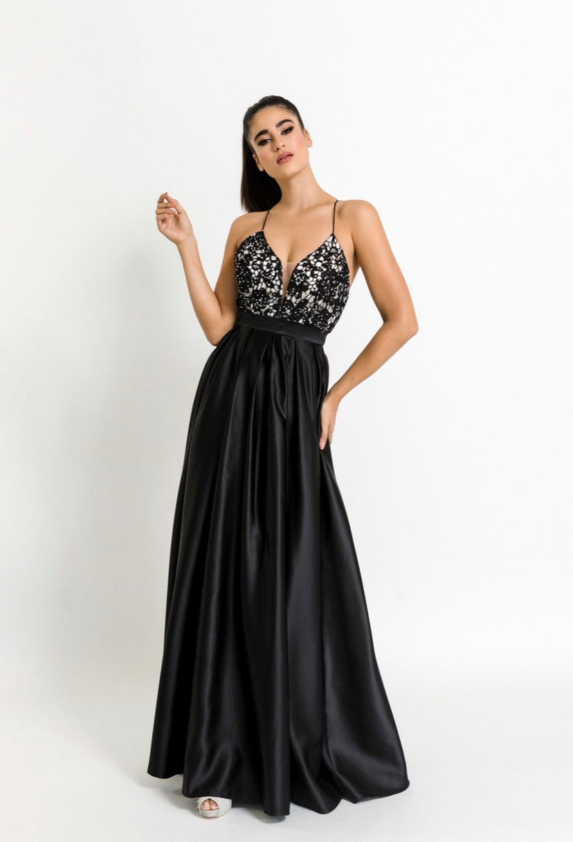Long Satin Dress with lace and hems on the corset with open back-2