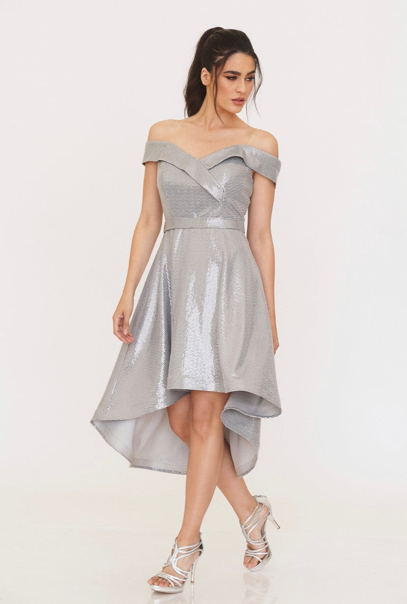 Shiny Silver Evening dress off Shoulders-0