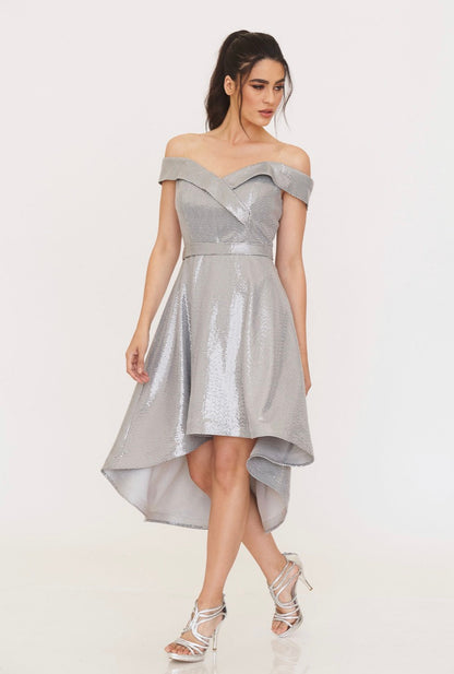 Shiny Silver Evening dress off Shoulders-0