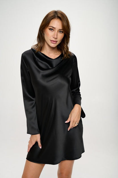 Satin Cowl Neck Long Sleeve Dress-0
