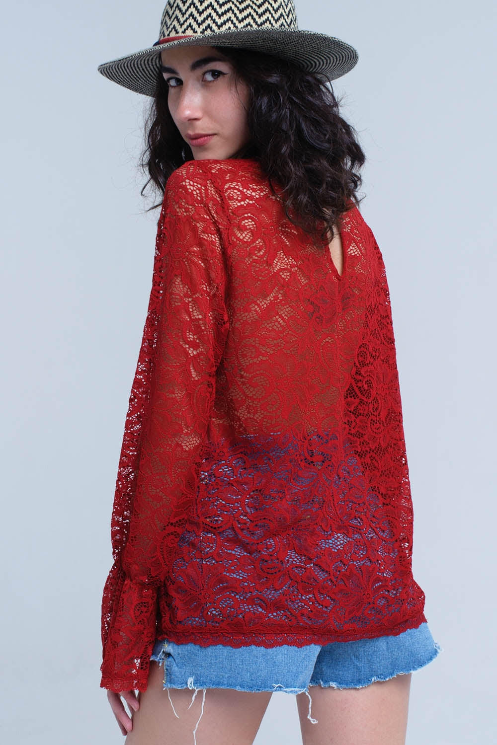 Burgundy Sheer Lace Top With Bell Sleeves-1