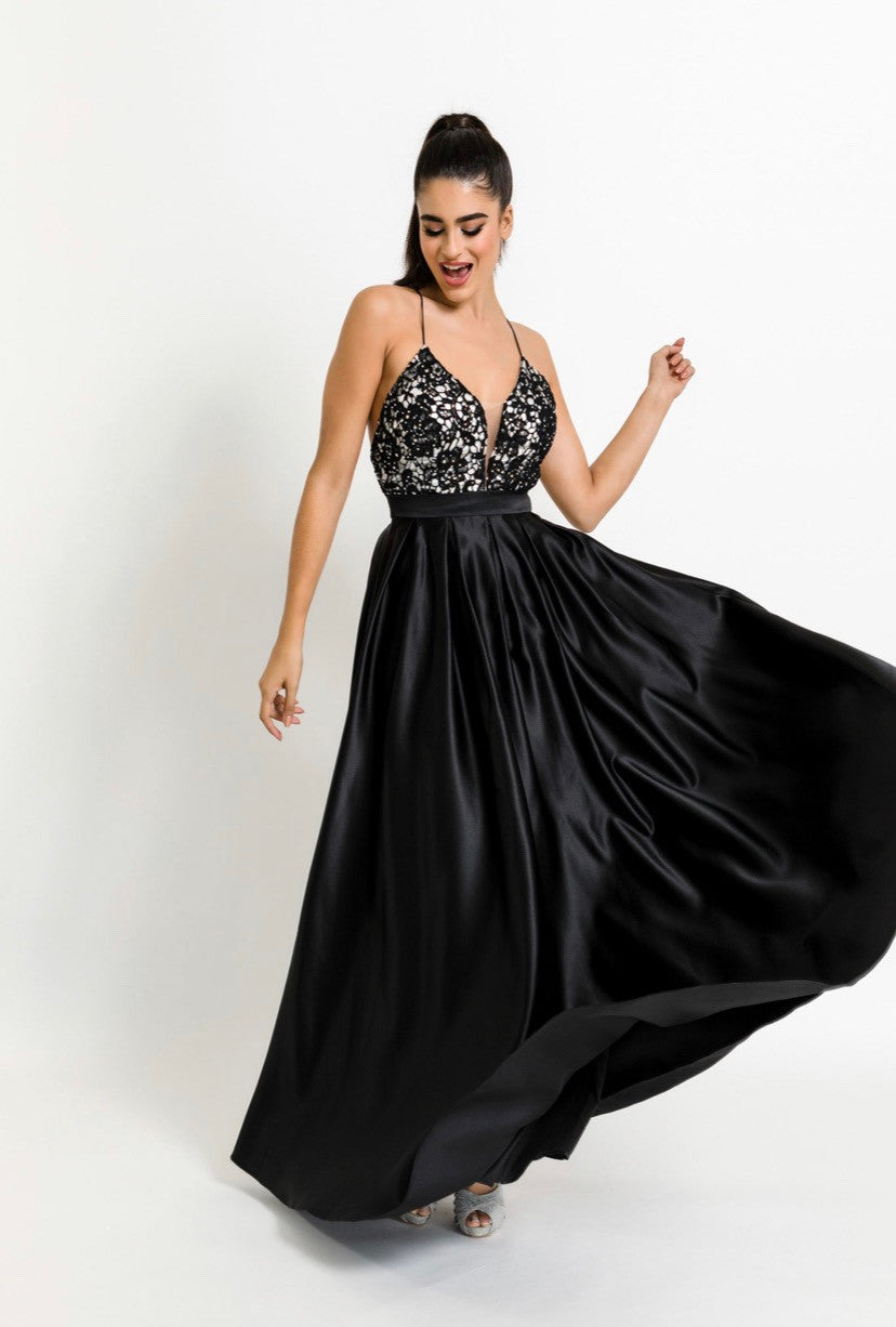 Long Satin Dress with lace and hems on the corset with open back-4
