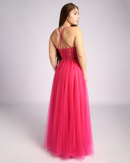 Artemis Fuchsia Lace Corset Maxi Dress "evening dresses"
