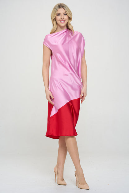 Asymmetric Color block Midi Dress with Drop Shoulder-1