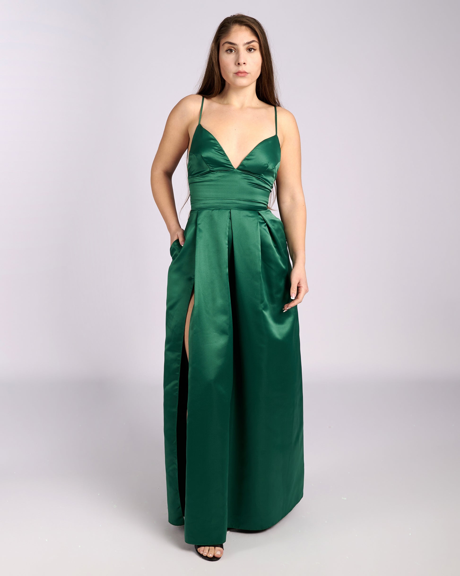Ofelia Emerald Satin High Slit Dress "evening dresses" foremata gia gamo-0