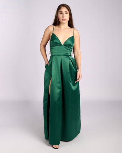 Ofelia Emerald Satin High Slit Dress "evening dresses" foremata gia gamo-0