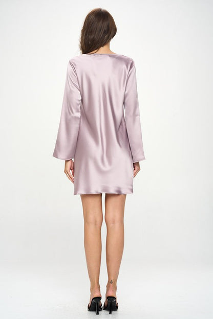 Satin Cowl Neck Long Sleeve Dress-4