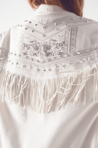 Embellished Fringe Denim Embroidered Jacket in White-5
