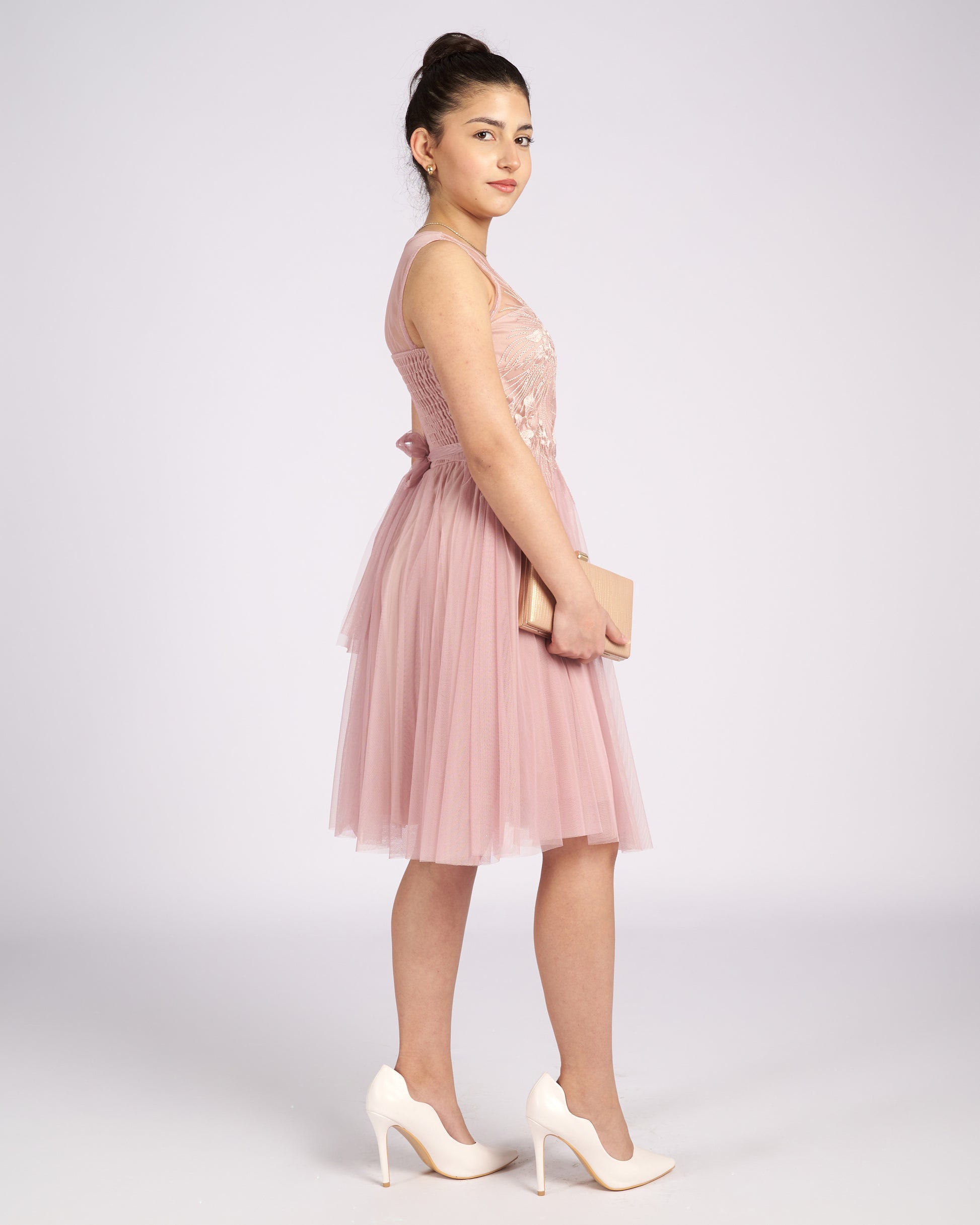 Mia Pink Tulle and Lace knee length Dress  " φορέματα βραδινά "-2