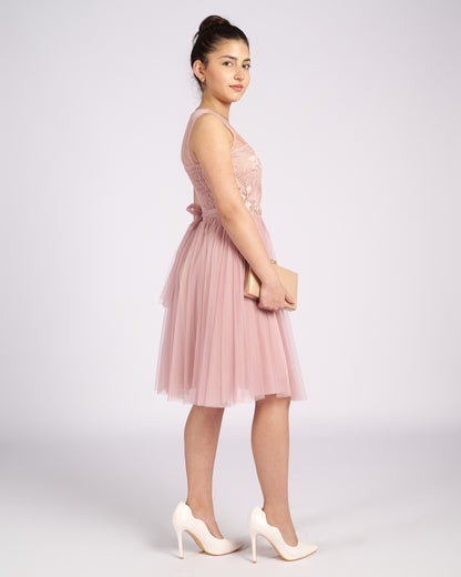 Mia Pink Tulle and Lace knee length Dress  " φορέματα βραδινά "-2
