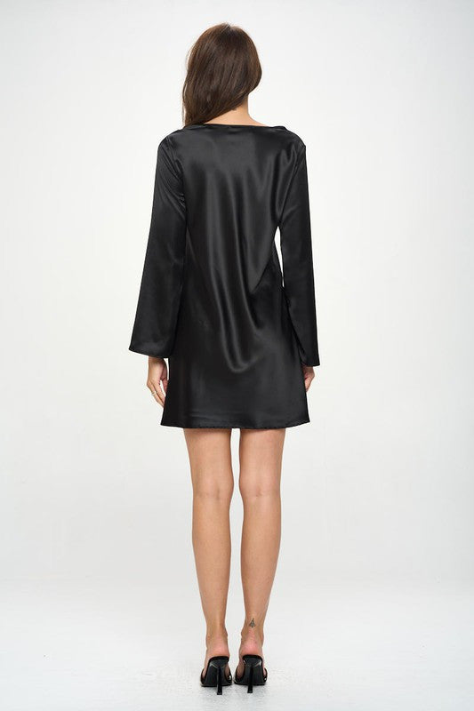 Satin Cowl Neck Long Sleeve Dress-3