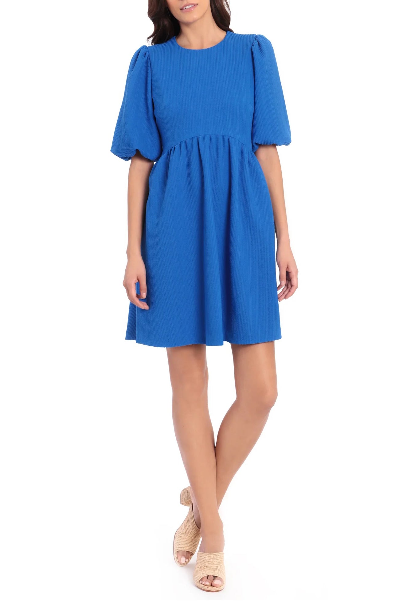 Maggy London Crew Neck Puff Short Sleeves Back Zipper Short Knit  Dress-0