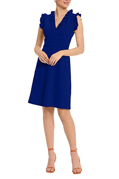 Maggy London V Neck Ruffle Sleeves Back Zipper Short Crepe Dress-7