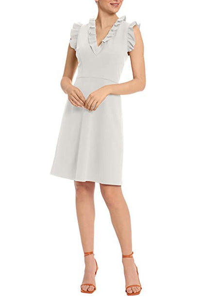 Maggy London V Neck Ruffle Sleeves Back Zipper Short Crepe Dress-0