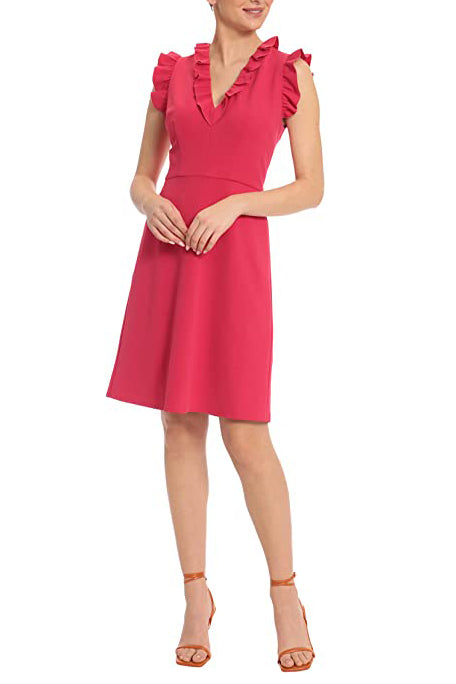 Maggy London V Neck Ruffle Sleeves Back Zipper Short Crepe Dress-5