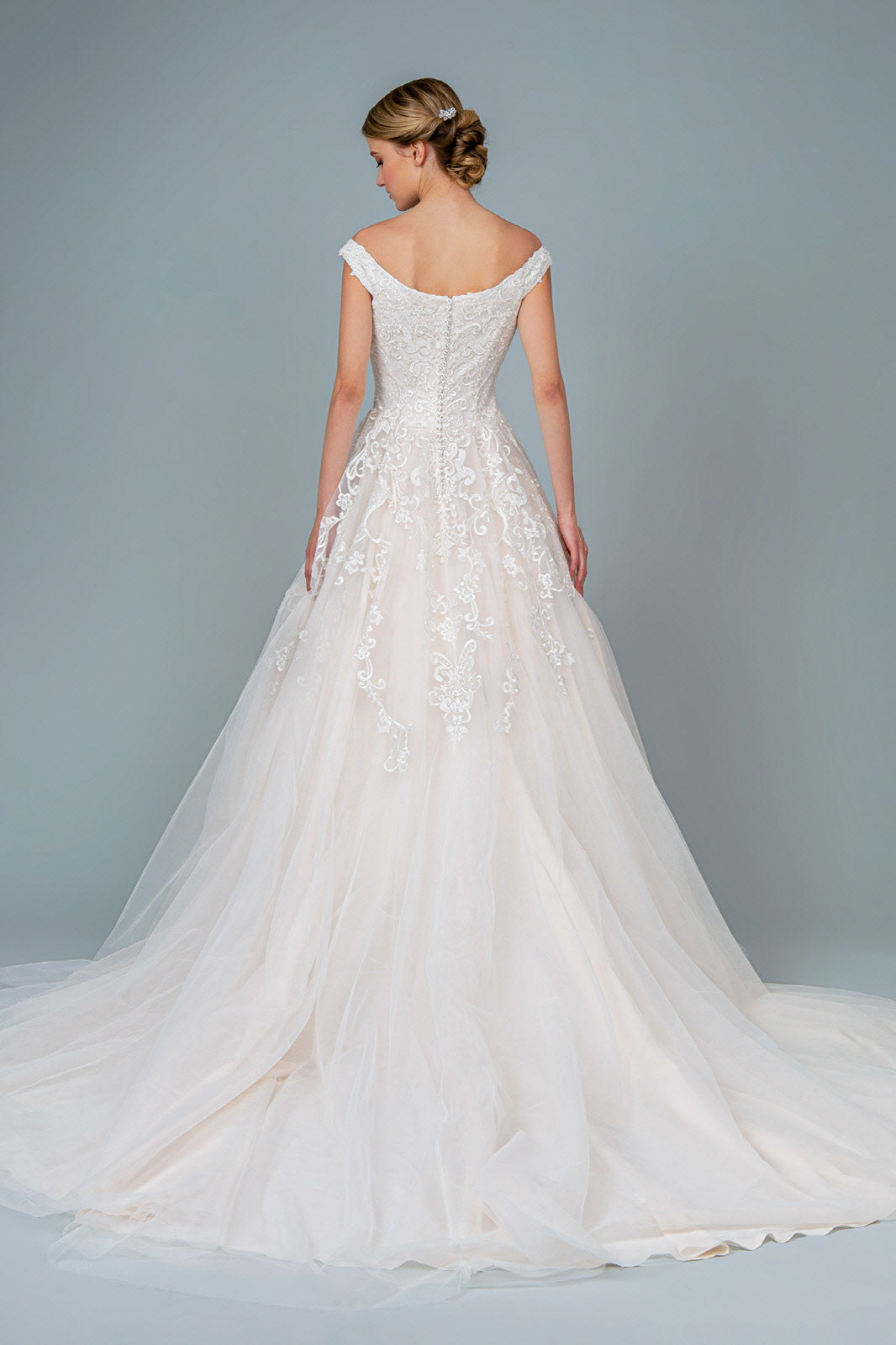 Embroidery Embellished Mesh A-Line Tail Long Wedding Dress GLGL1800