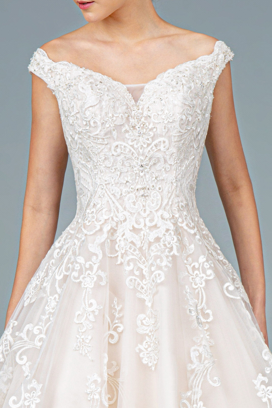 Embroidery Embellished Mesh A-Line Tail Long Wedding Dress GLGL1800