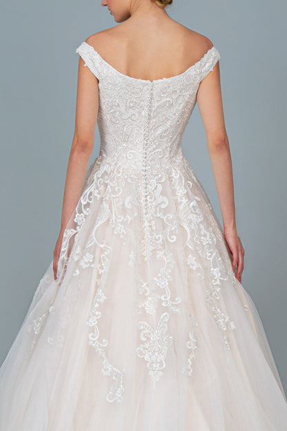 Embroidery Embellished Mesh A-Line Tail Long Wedding Dress GLGL1800