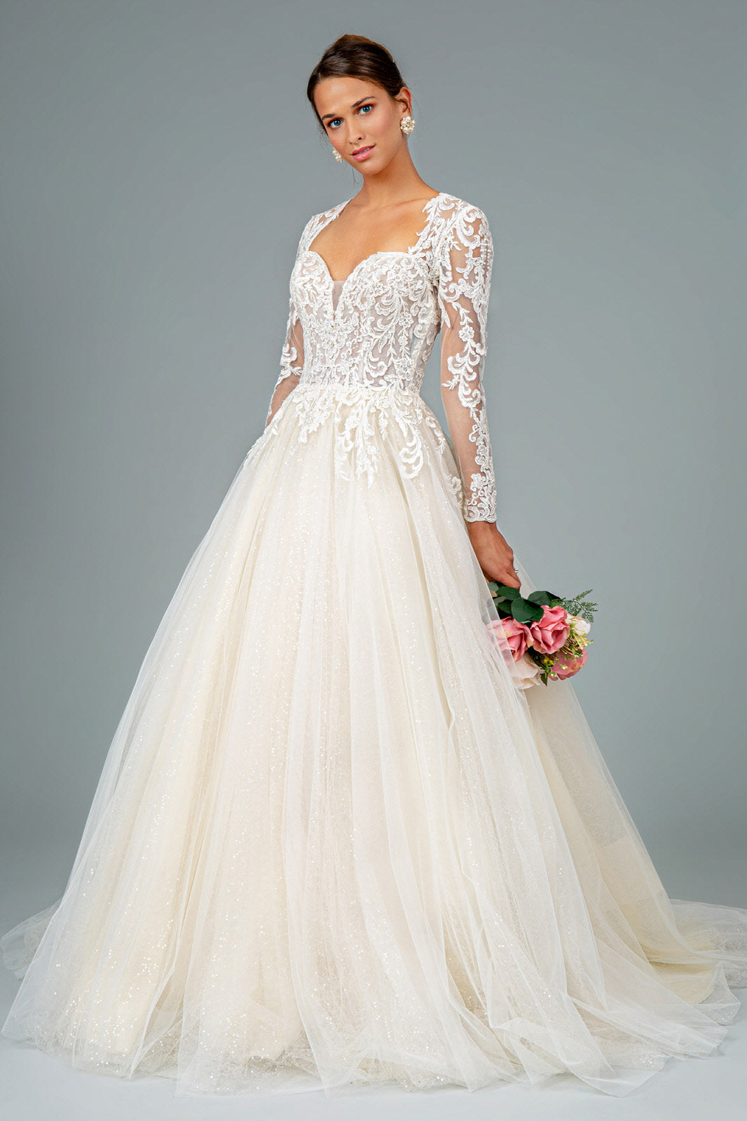 Illusion V-Neck Embroidered Mesh w/ Sequin Lining Long Wedding Dress GLGL1804