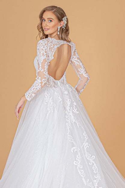 Illusion V-Neck Embroidered Mesh w/ Sequin Lining Long Wedding Dress GLGL1804