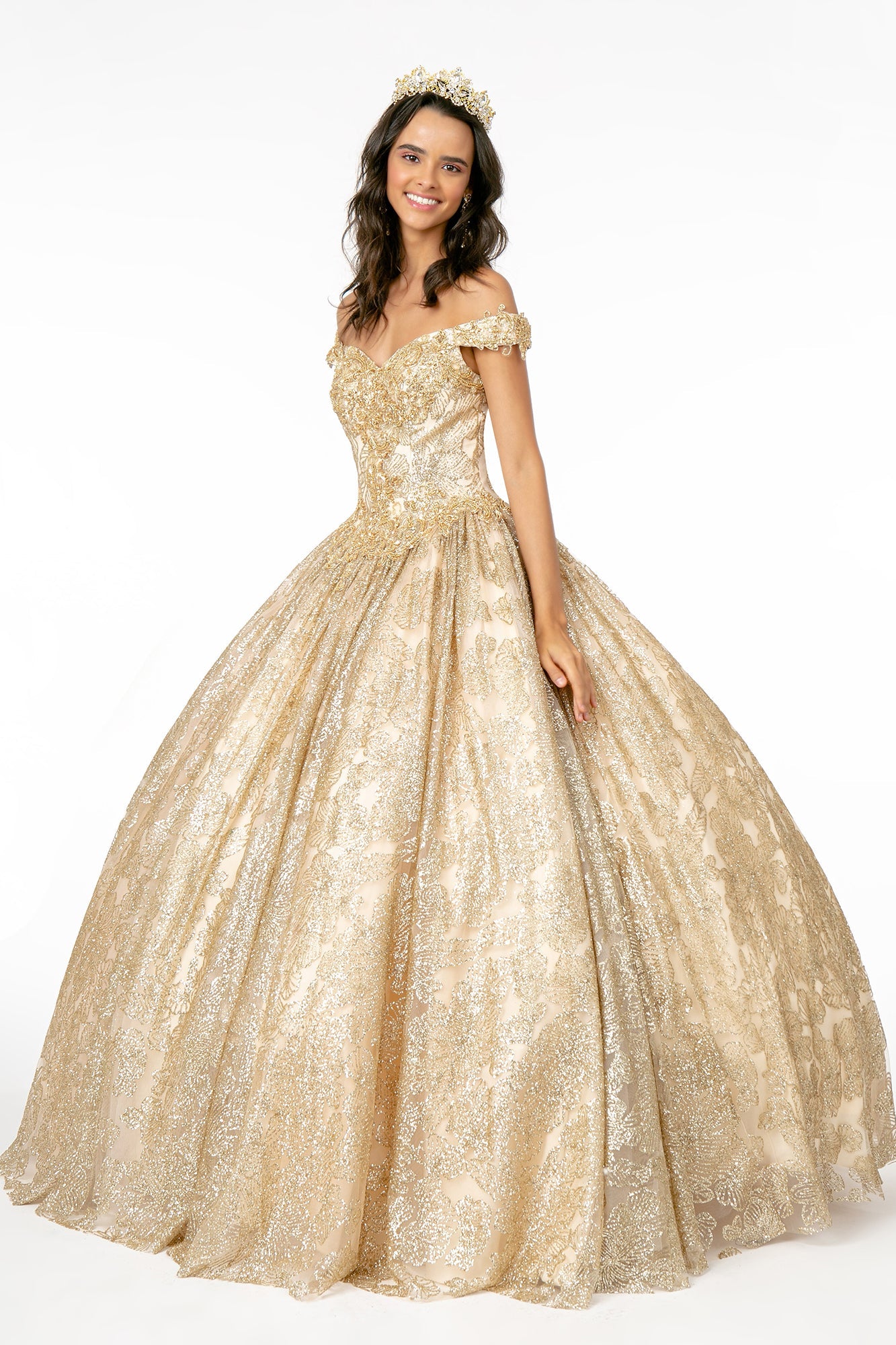 Sweetheart Neckline Cut-Away Shoulder Glitter Mesh Long Quinceanera Dress GLGL1820-0