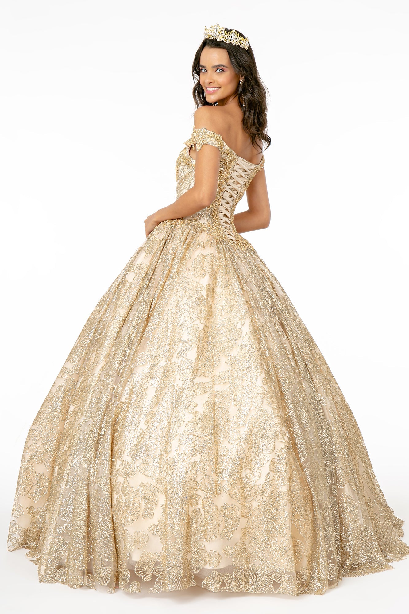 Sweetheart Neckline Cut-Away Shoulder Glitter Mesh Long Quinceanera Dress GLGL1820-1