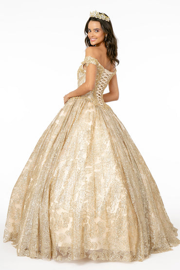 Sweetheart Neckline Cut-Away Shoulder Glitter Mesh Long Quinceanera Dress GLGL1820-1