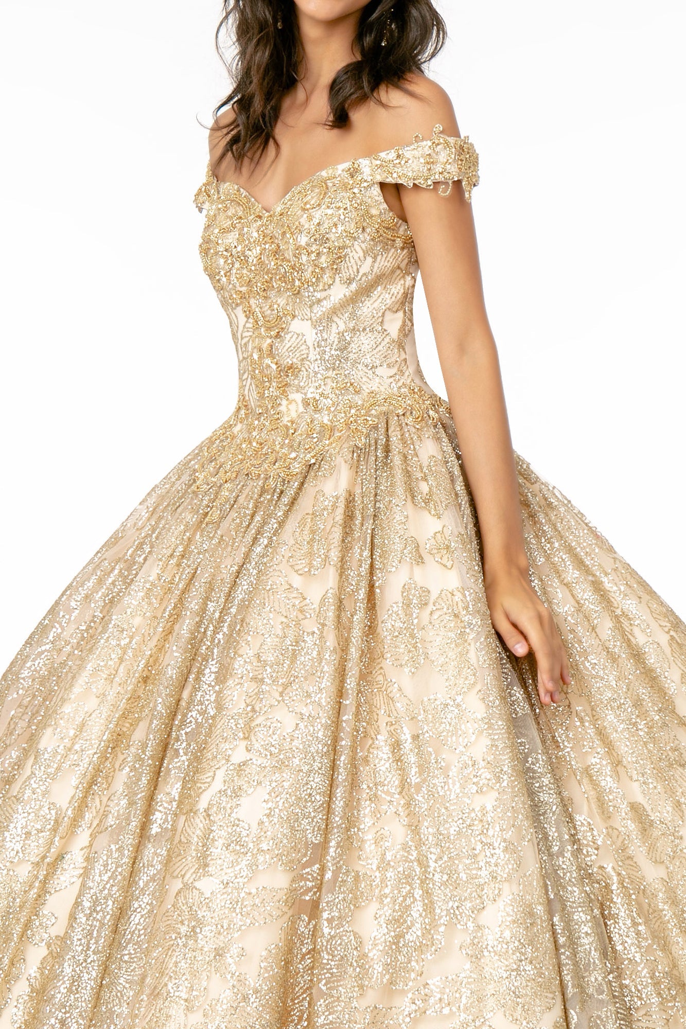 Sweetheart Neckline Cut-Away Shoulder Glitter Mesh Long Quinceanera Dress GLGL1820-2
