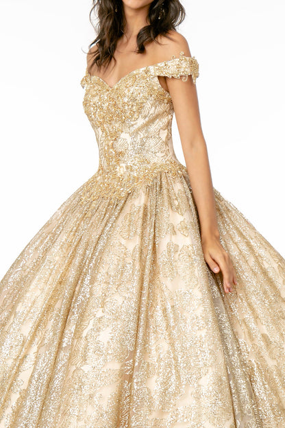 Sweetheart Neckline Cut-Away Shoulder Glitter Mesh Long Quinceanera Dress GLGL1820-2