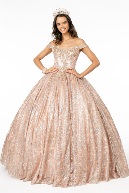 Sweetheart Neckline Cut-Away Shoulder Glitter Mesh Long Quinceanera Dress GLGL1820-4