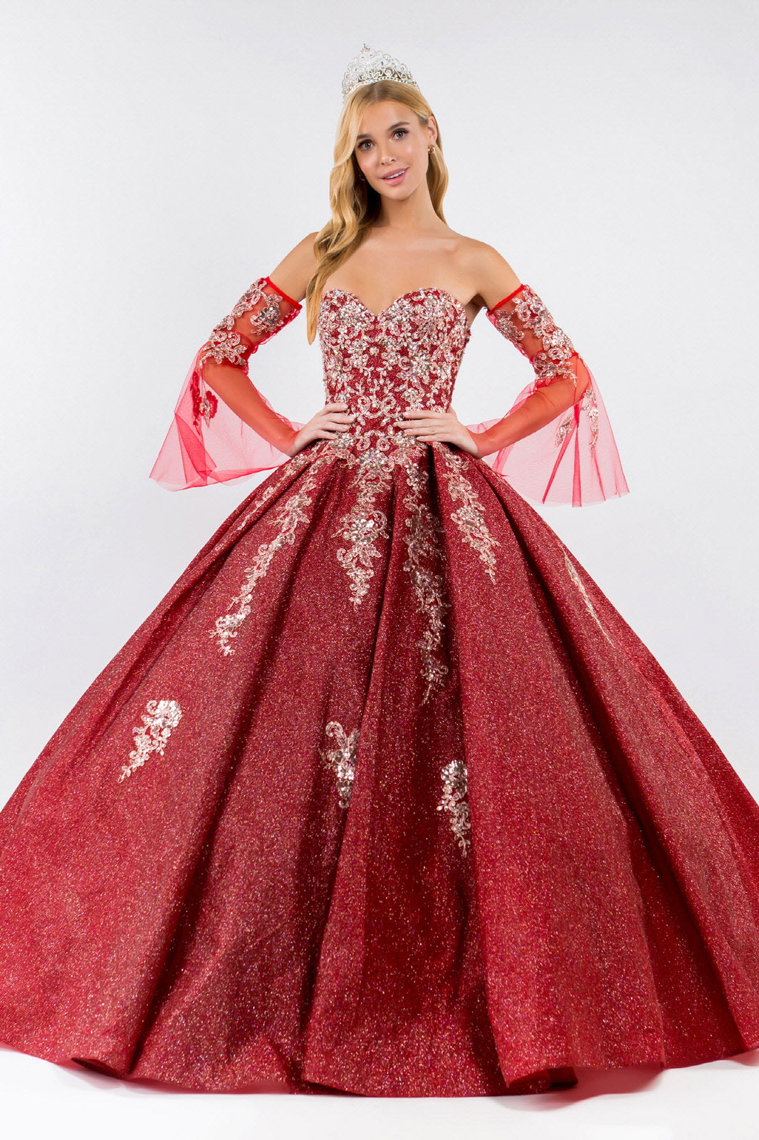 Sweethearted Ruffle Tail w/ Detached Mesh Sleeve Long Quinceanera Dress - Mask Not Included GLGL1912-5