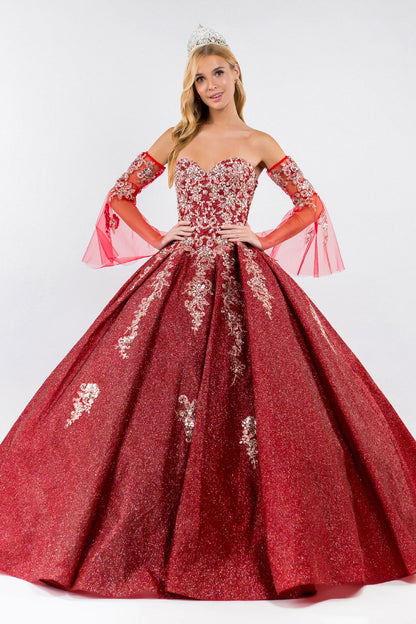 Sweethearted Ruffle Tail w/ Detached Mesh Sleeve Long Quinceanera Dress - Mask Not Included GLGL1912-5