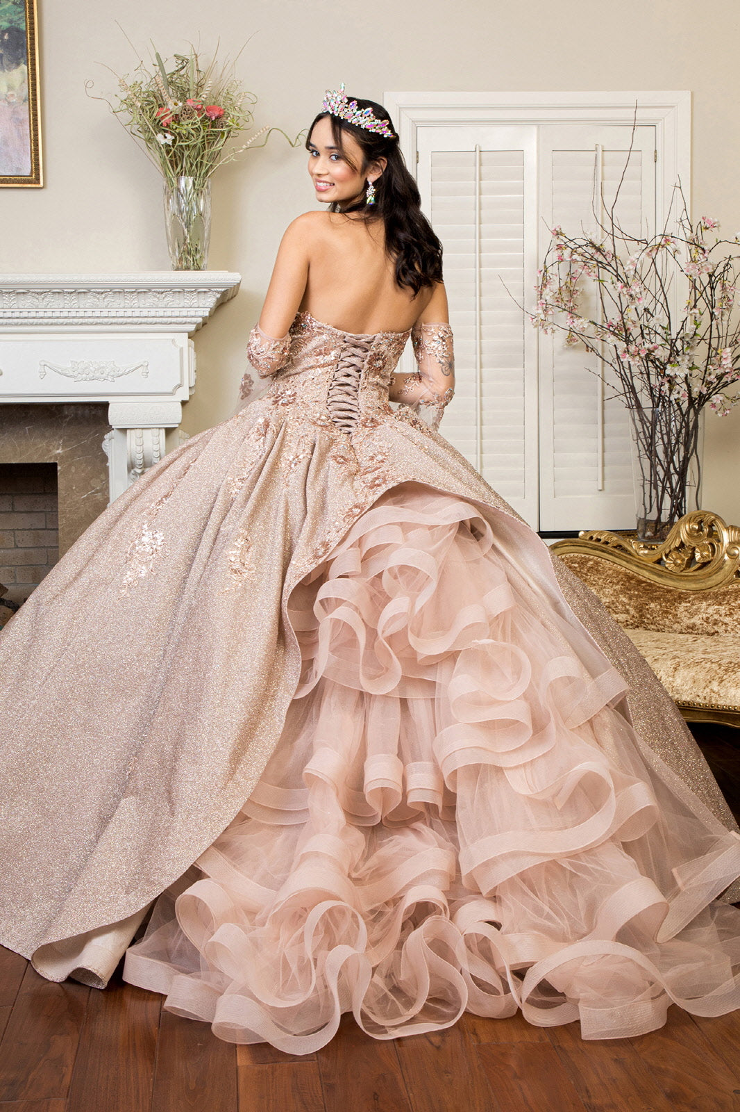 Sweethearted Ruffle Tail w/ Detached Mesh Sleeve Long Quinceanera Dress - Mask Not Included GLGL1912-2