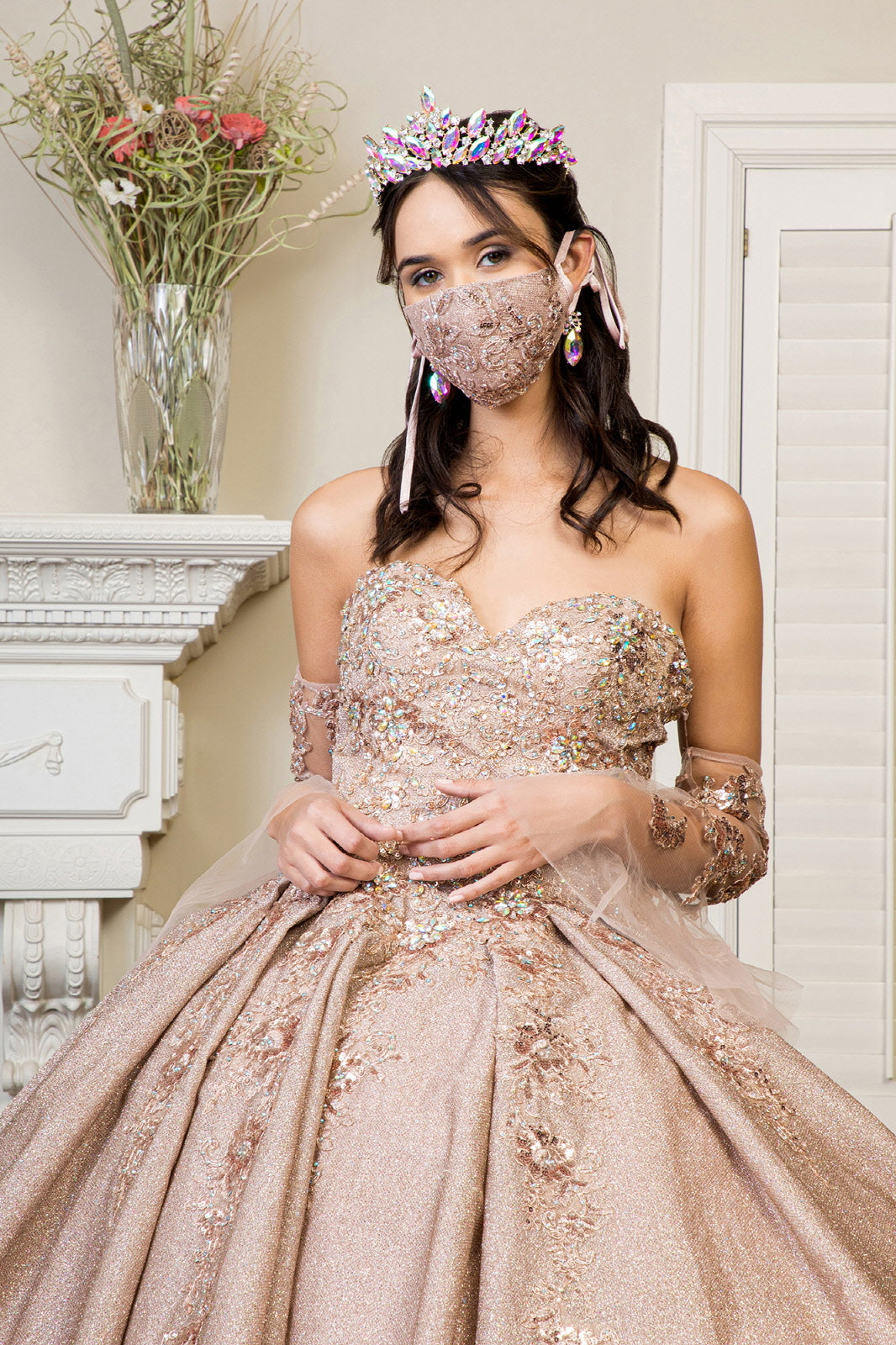 Sweethearted Ruffle Tail w/ Detached Mesh Sleeve Long Quinceanera Dress - Mask Not Included GLGL1912-3