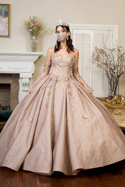 Sweethearted Ruffle Tail w/ Detached Mesh Sleeve Long Quinceanera Dress - Mask Not Included GLGL1912-1