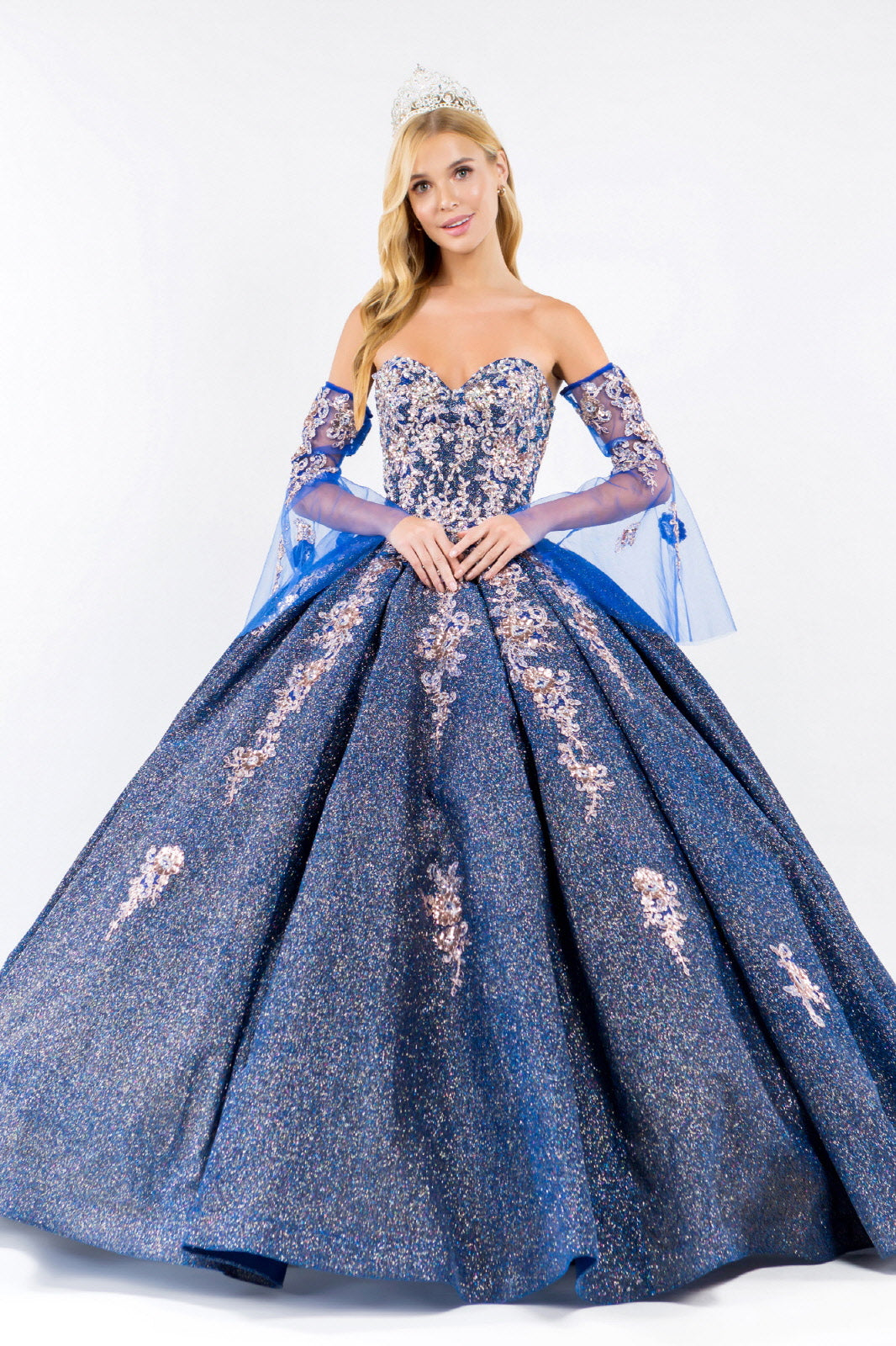 Sweethearted Ruffle Tail w/ Detached Mesh Sleeve Long Quinceanera Dress - Mask Not Included GLGL1912-6