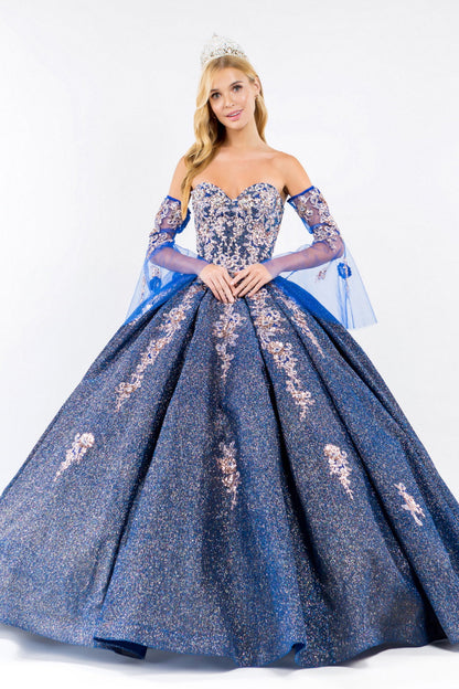 Sweethearted Ruffle Tail w/ Detached Mesh Sleeve Long Quinceanera Dress - Mask Not Included GLGL1912-6