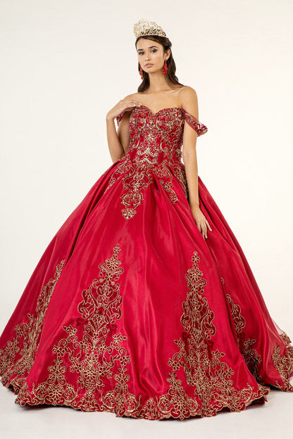 Embroidered Mesh Strap Satin w/ Mesh Tail Quinceanera Dress - Mask Not Included GLGL1930