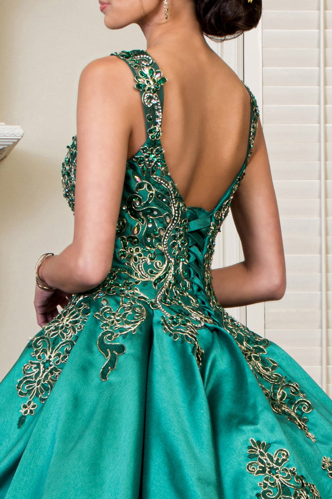 Embroidered Mesh Strap Satin w/ Mesh Tail Quinceanera Dress - Mask Not Included GLGL1930
