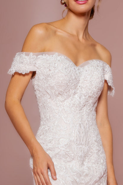 Cut-Away Shoulder Embroidered Mesh Mermaid Wedding Dress GLGL2594-2