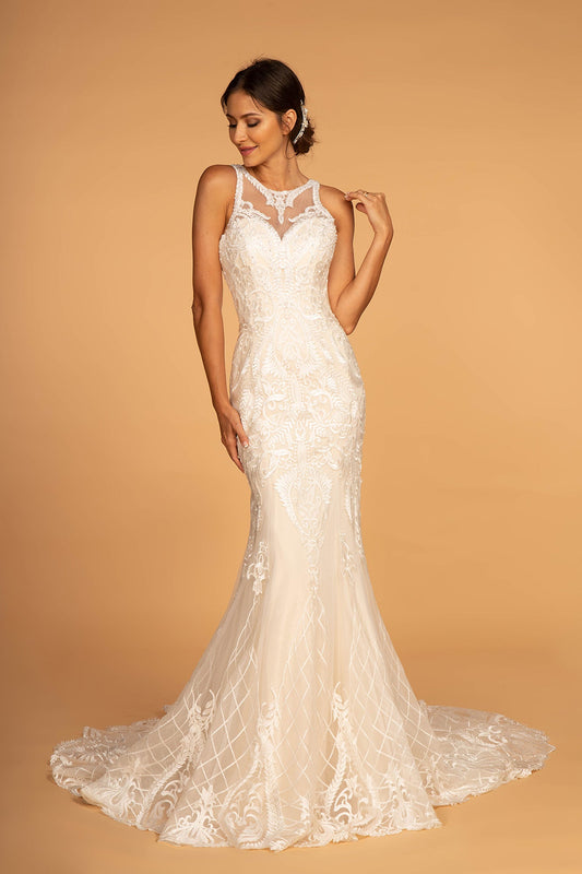 Cut-Out Back Embroidered Mesh Mermaid Long Wedding Dress GLGL2598-0