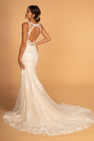 Cut-Out Back Embroidered Mesh Mermaid Long Wedding Dress GLGL2598-1